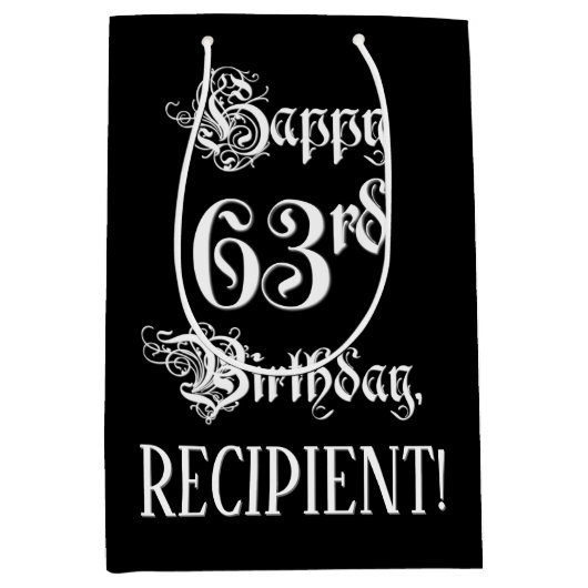 63番目の誕生日: ファンシー、スクリプエレガントト+名前をカスタムする ミディアムペーパーバッグ (正面)