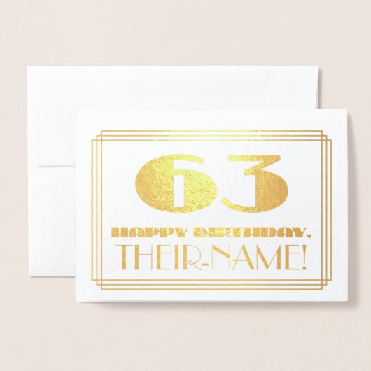63番目の誕生日、名前+インスパイアアールデコ外観「63」 箔カード (封筒付き正面)