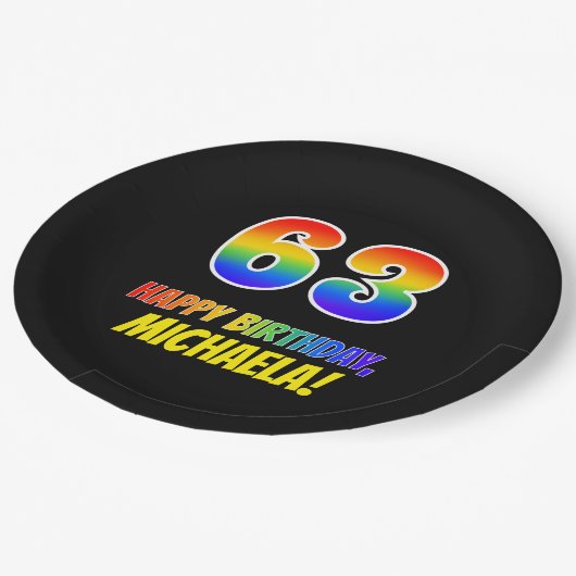 63誕生日はっきりした:,おもしろい,シンプル虹， 63 ペーパープレート (アングル)