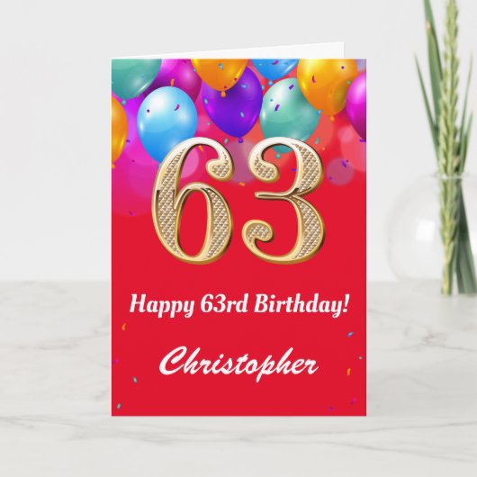 63誕生日赤と金ゴールド吹きカラフル出 カード (正面)