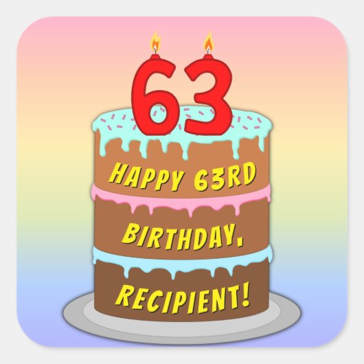 63誕生日:おもしろいケーキとキャンドル+名前をカスタムする スクエアシール (正面)
