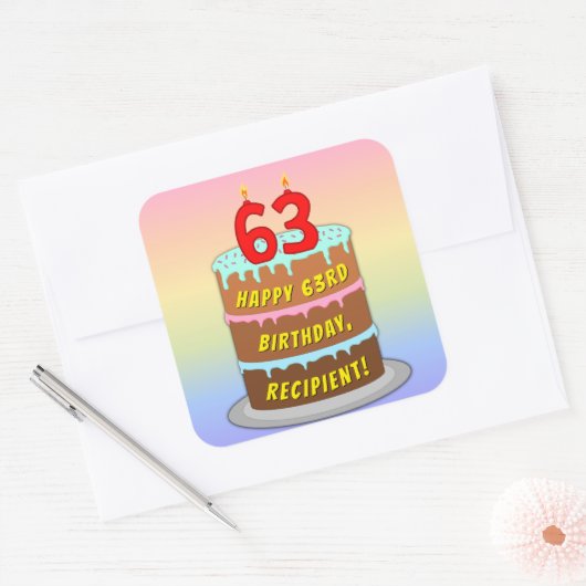 63誕生日:おもしろいケーキとキャンドル+名前をカスタムする スクエアシール (封筒)