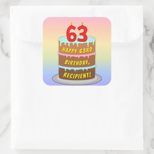 63誕生日:おもしろいケーキとキャンドル+名前をカスタムする スクエアシール (バッグ)