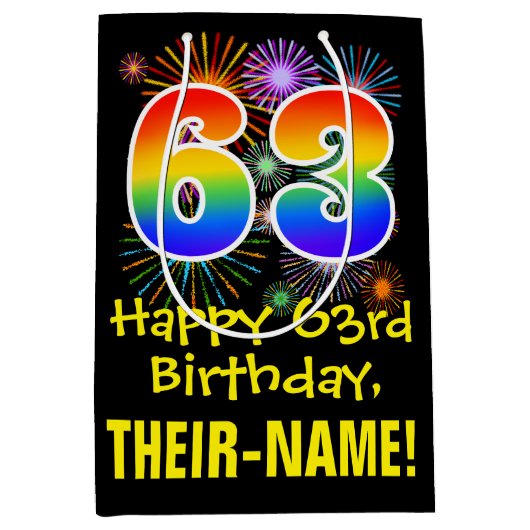63誕生日:おもしろい花火パターン+虹63 ミディアムペーパーバッグ (正面)