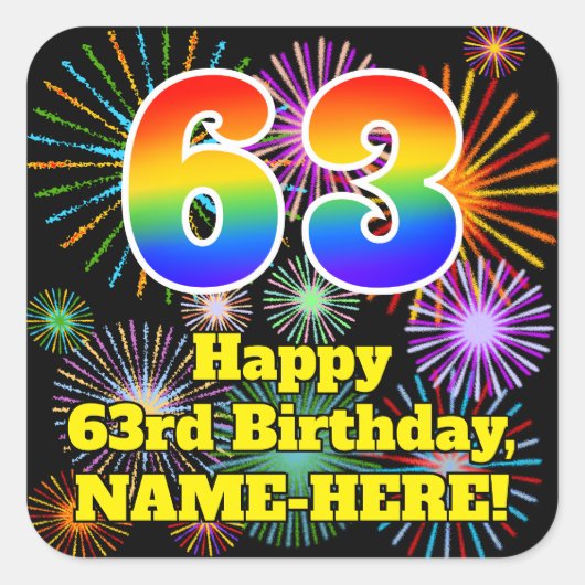 63誕生日:おもしろい花火ルック、虹# 63 スクエアシール (正面)