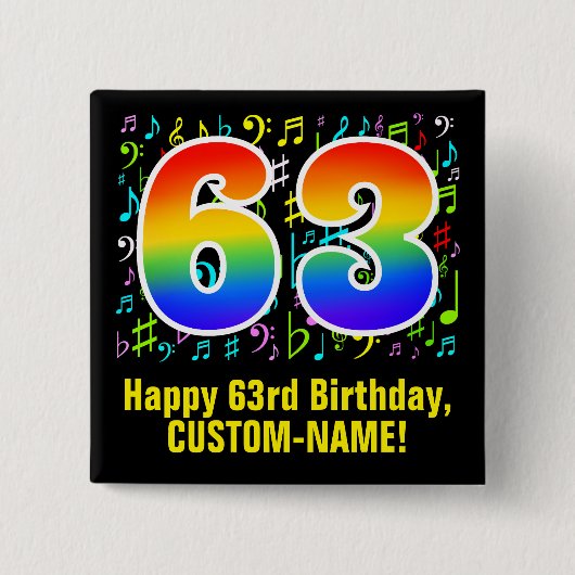 63誕生日:カラフル音楽シンボル、レインボー63 缶バッジ (正面)