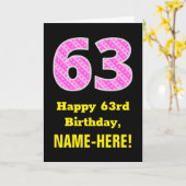 63誕生日:ピンクストライプ色のハートと"63" +名前 カード (黄色い花)