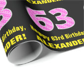 63誕生日:ピンクストライプ色のハートと"63" +名前 ラッピングペーパー (ロールコーナー)