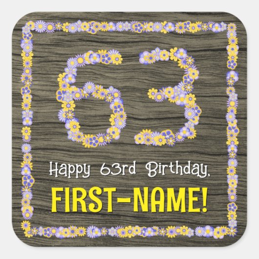 63誕生日:フローラ番号、フェイク木目、名前 スクエアシール (正面)