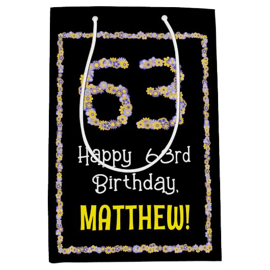 63誕生日:フローラ花数名前をカスタムする ミディアムペーパーバッグ (正面)