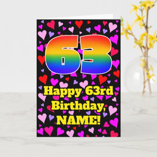 63誕生日:愛するハートパターン、虹# 63 カード (黄色い花)