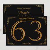 63rd誕生日パーティー，ギャツビーのスタイル，ブラック金ゴールドグリッター 招待状 (正面/裏面)