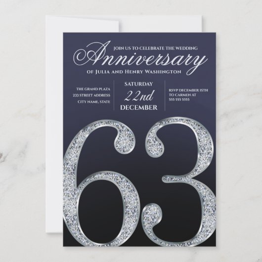 63rd Anniversary Diamond Silver Navy Blue Modern 招待状 (正面)