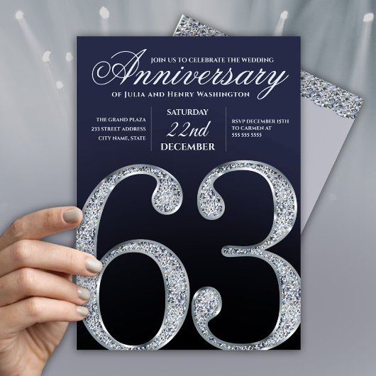 63rd Anniversary Diamond Silver Navy Blue Modern 招待状