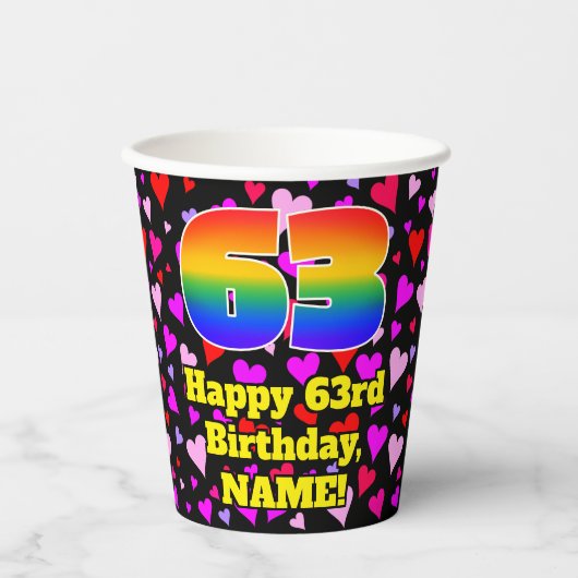 63rd Birthday: Loving Hearts Pattern, Rainbow 63 紙コップ (正面)