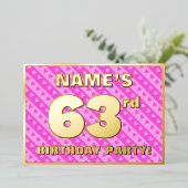 63rd Birthday Party —おもしろいピンクハートとストライプ 箔招待状 (立ち正面)