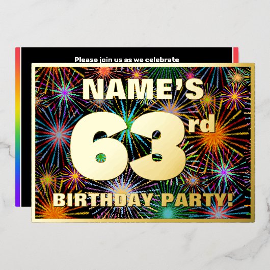63rd Birthday Party —おもしろい、カラフルFireworks Look 箔招待状 (正面/裏面)