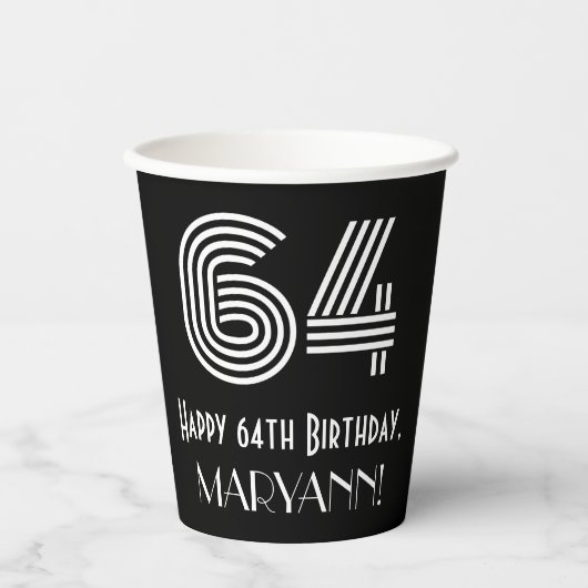 64歳の誕生日お祝い — アールデコ風デザインの「64」+名前 紙コップ (正面)