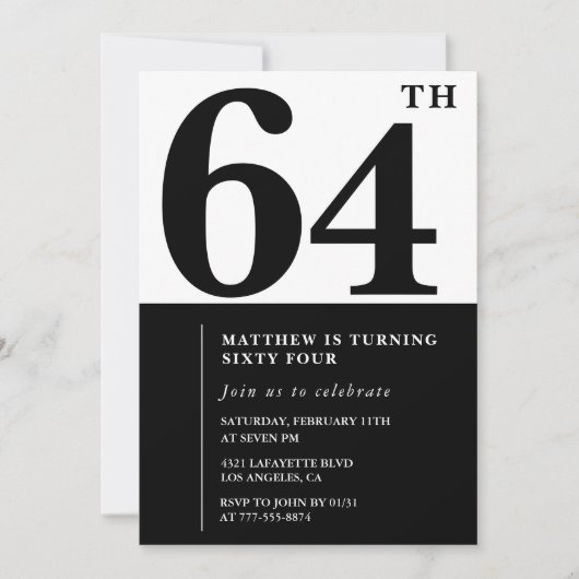 64歳の誕生日招待状 モノクロ エレガント 招待状 (正面)