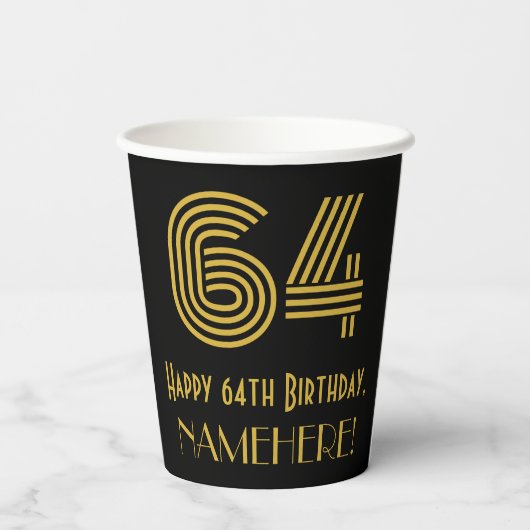 64歳の誕生日:アートデコ風デザイン「64」&名前 紙コップ (裏面)