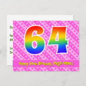 64歳の誕生日：ピンクのストライプとハート、レインボー64 ポストカード (正面/裏面)
