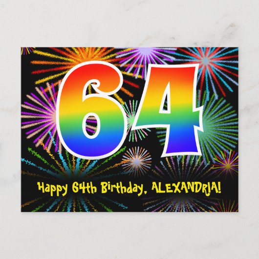 64歳の誕生日 – 楽しい花火模様 + レインボー64 ポストカード (正面)