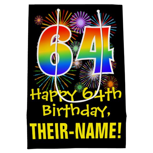 64歳の誕生日: 遊び心あふれる花火の模様 + 虹色の64 ミディアムペーパーバッグ (裏面)
