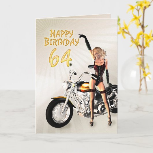 64番目の誕生日カードとバイクの女の子 カード (黄色い花)
