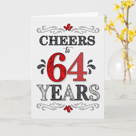 64番目の誕生日応援の赤い白い黒のパターン カード (黄色い花)