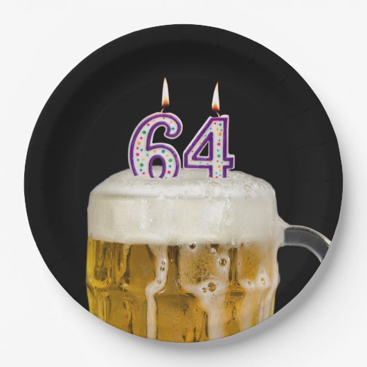 64誕生日ビールオンブラック紙プレート ペーパープレート (正面)