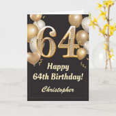 64誕生日ブラックおよび金ゴールドバルーン紙吹雪 カード (黄色い花)
