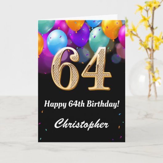 64誕生日ブラックと金ゴールドの吹きカラフル出 カード (黄色い花)