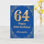 64誕生日ブルーと金ゴールドグリッターフレーム カード (黄色い花)