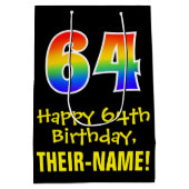 64誕生日:おもしろいはっきりした、カラフルレインボー「64」 ミディアムペーパーバッグ (裏面)