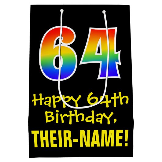 64誕生日:おもしろいはっきりした、カラフルレインボー「64」 ミディアムペーパーバッグ (裏面)