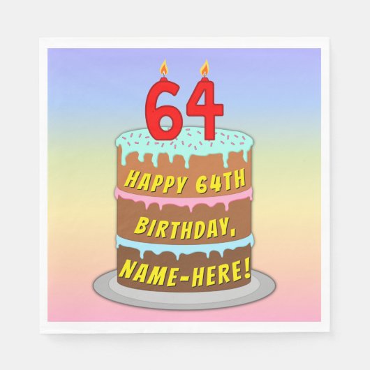 64誕生日:おもしろいケーキとキャンドル+名前をカスタムする スタンダードランチョンナプキン (正面)