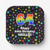 64誕生日:おもしろいスター柄と虹"64" ペーパープレート (正面)