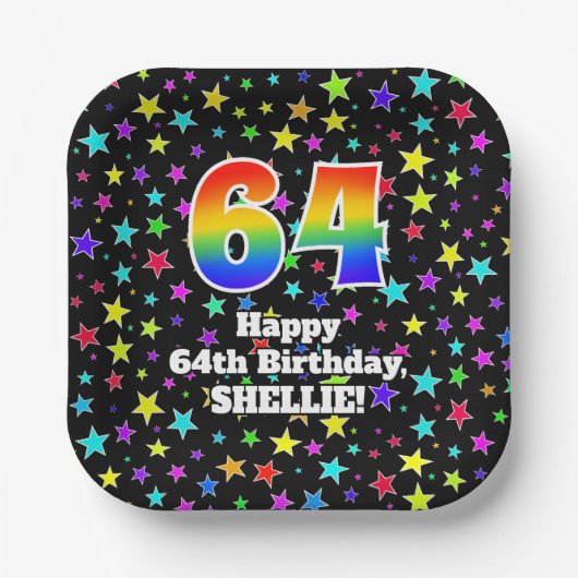 64誕生日:おもしろいスター柄と虹"64" ペーパープレート (正面)