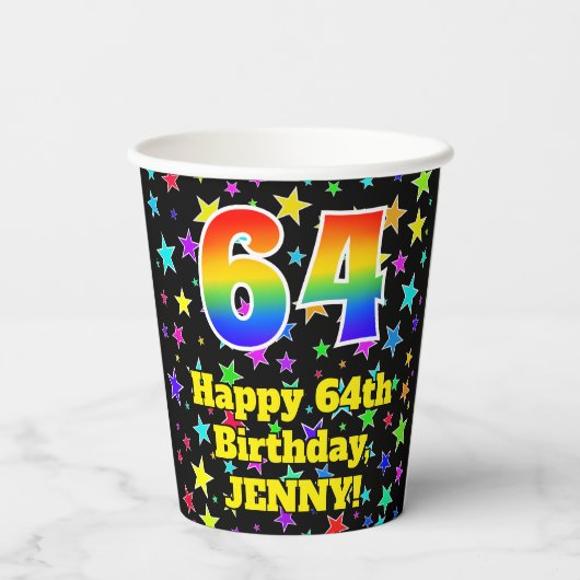 64誕生日:おもしろい星パターンと虹64 紙コップ (裏面)