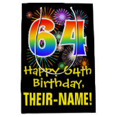 64誕生日:おもしろい花火パターン+虹64 ミディアムペーパーバッグ (正面)