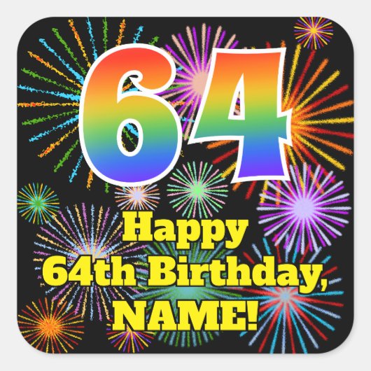 64誕生日:おもしろい花火ルック、虹# 64 スクエアシール (正面)