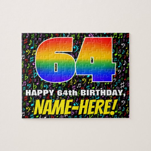 64誕生日:おもしろい、カラフル音楽シンボル、「64」 ジグソーパズル (横)