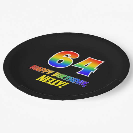 64誕生日:はっきりした,おもしろい,シンプル虹， 64 ペーパープレート (アングル)