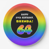 64誕生日:カラフルレインボー# 64,名前をカスタムする ペーパープレート (正面)