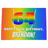 64誕生日: カラフル、おもしろいレインボーパターン# 64 ラージペーパーバッグ (正面)