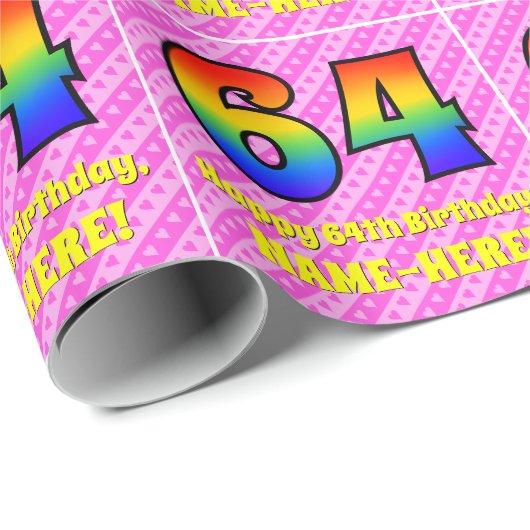 64誕生日:ピンクストライプのハート、レインボー# 64 ラッピングペーパー (ロールコーナー)