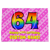 64誕生日:ピンクストライプのハート、レインボー# 64 ラージペーパーバッグ (正面)