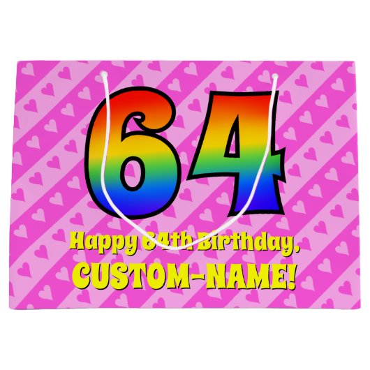 64誕生日:ピンクストライプのハート、レインボー# 64 ラージペーパーバッグ (正面)