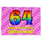 64誕生日:ピンクストライプのハート、レインボー# 64 ラージペーパーバッグ (裏面)