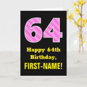 64誕生日:ピンクストライプ色のハートと"64" +名前 カード (黄色い花)